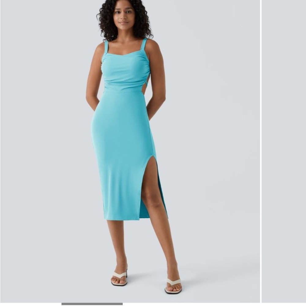NWOT Ruched Backless Crisscross Lace Up Split Bodycon Midi Casual Dress